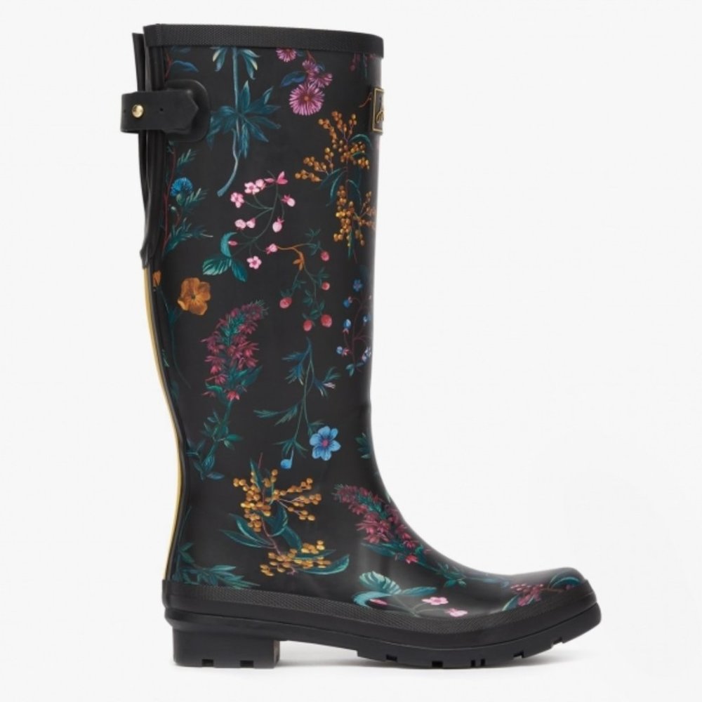 Joules Welly Print Ladies Rubber Tall Wellington Boots Black Botanical Sz 10